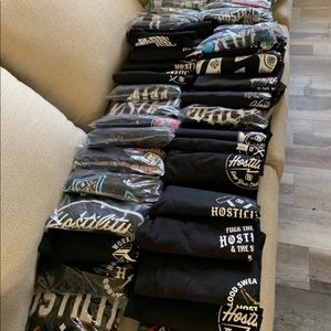 4 random picked designs, Hostility Tees for $25.